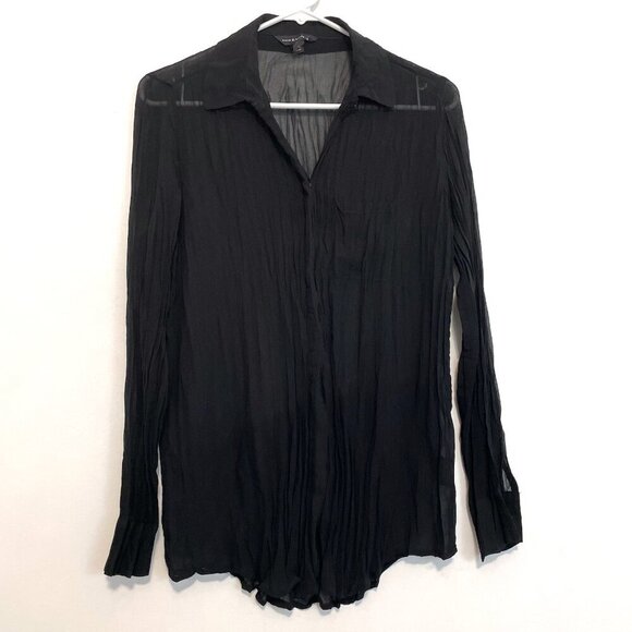ROCK & REPUBLIC Chiffon Crinkle Top Black Pleated Studs Long Sleeve Button Down - Picture 2 of 15